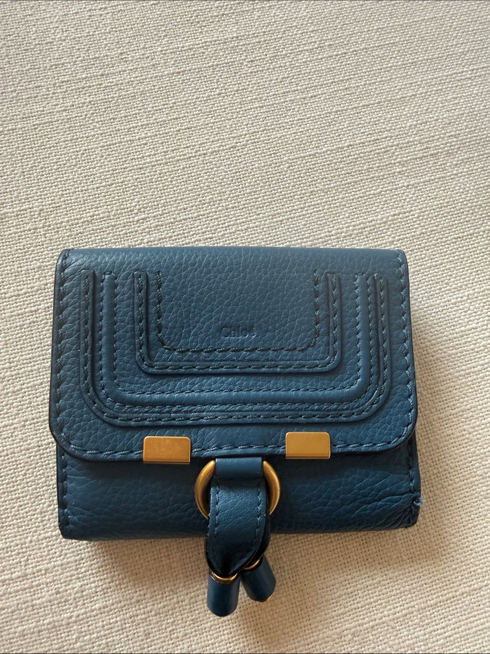 Chloe Teal Blue Pebbled Leather Mini Wallet with Gold Hardware